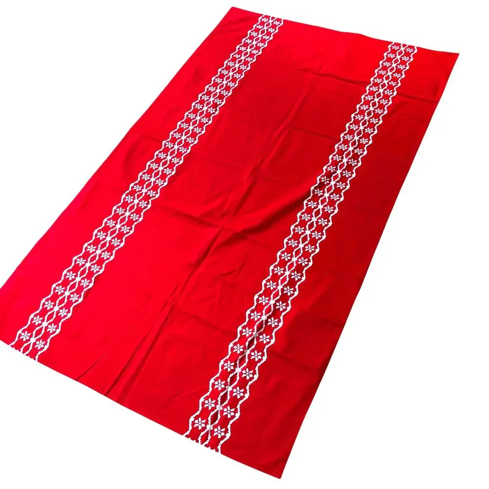 Vintage 60's printed cotton tablecloth red & white geometric print rectangle